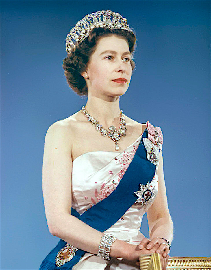 Queen Elizabeth II in a 1959 portrait, wearing the Vladimir Tiara and the blue Garter riband.
